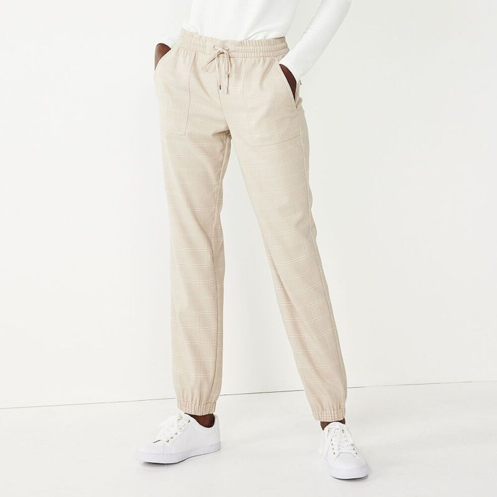 Nine West Tie-Waist Jogger Pants Womens M Beige Plaid Pull On Elastic Waist NEW